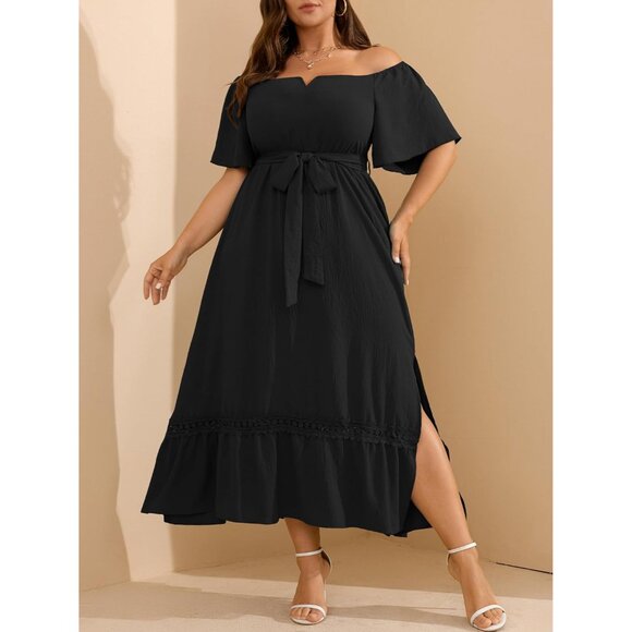 Women's Plus Size Maxi Dress Off Shoulder V Neck Wedding Guest Formal Dress - Picture 3 of 7